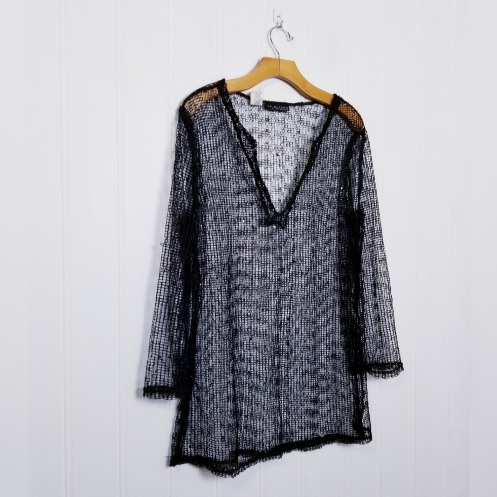 La Blanca Swim Cover Up Womens M Black Fishnet Mesh Glitter Bell Sleeve Resort